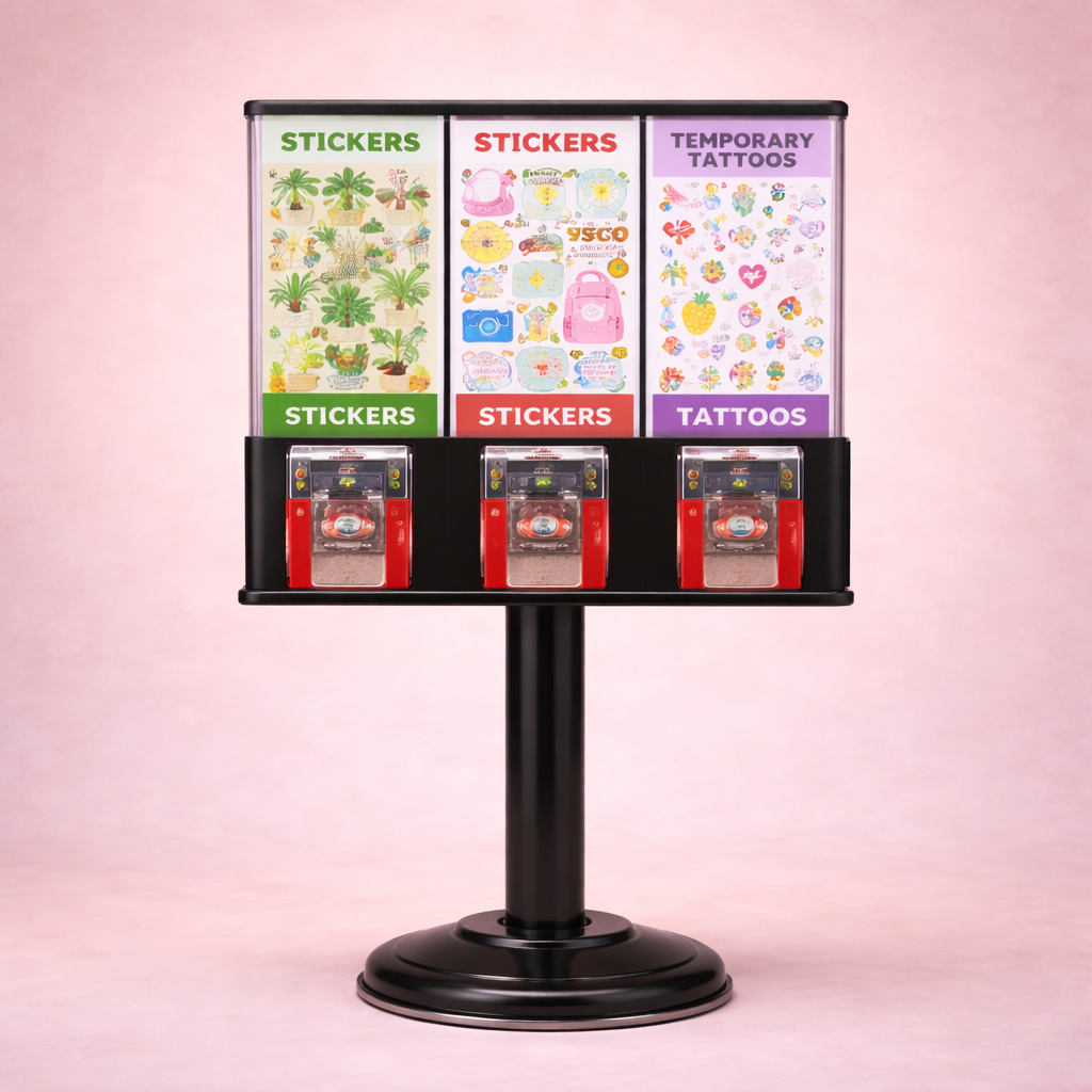 A vending machine with three sections displaying stickers and temporary tattoos against a pink background.