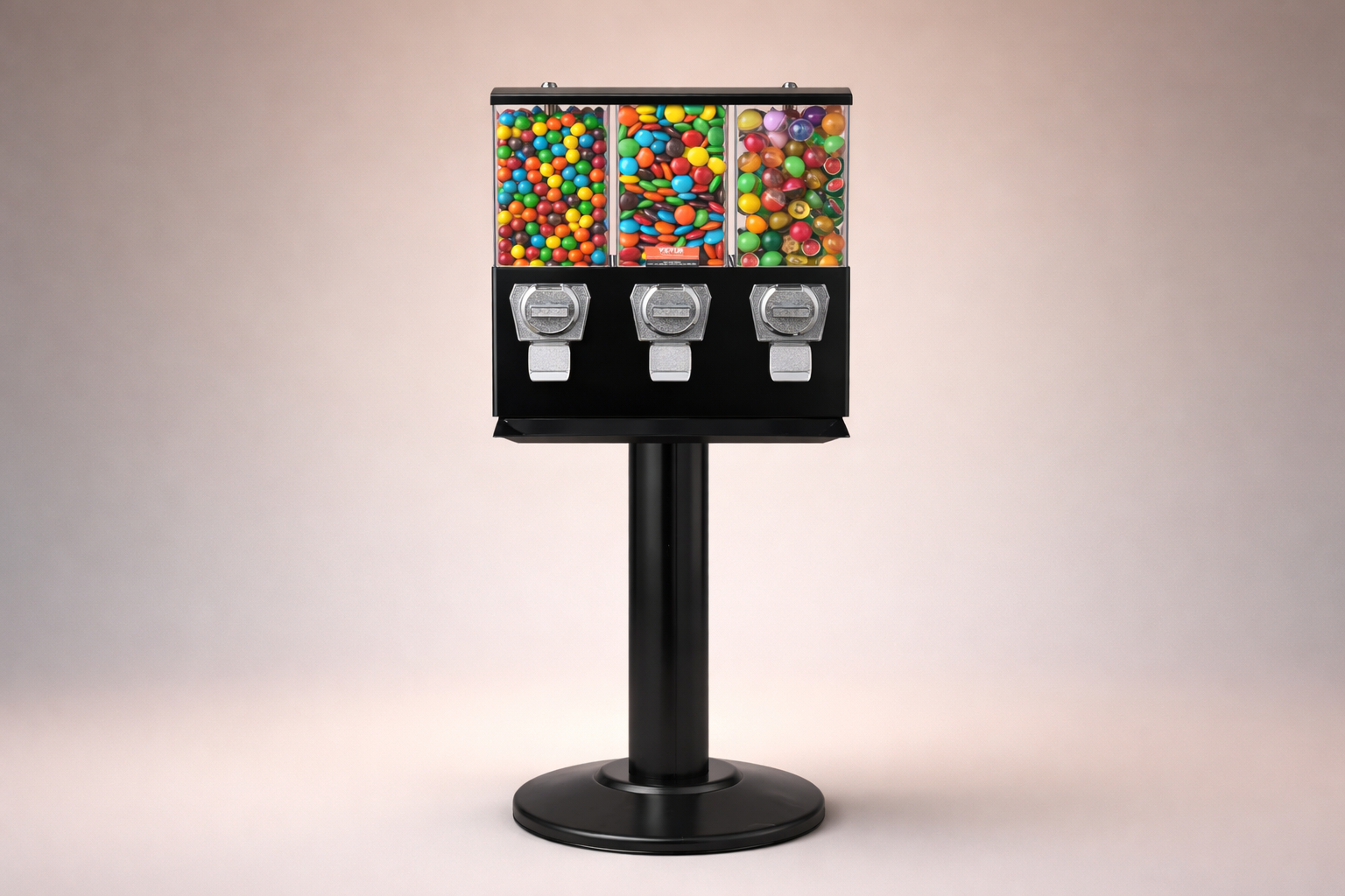 A traditional gumball machine with three separate compartments filled with colorful gumballs, mounted on a black stand.