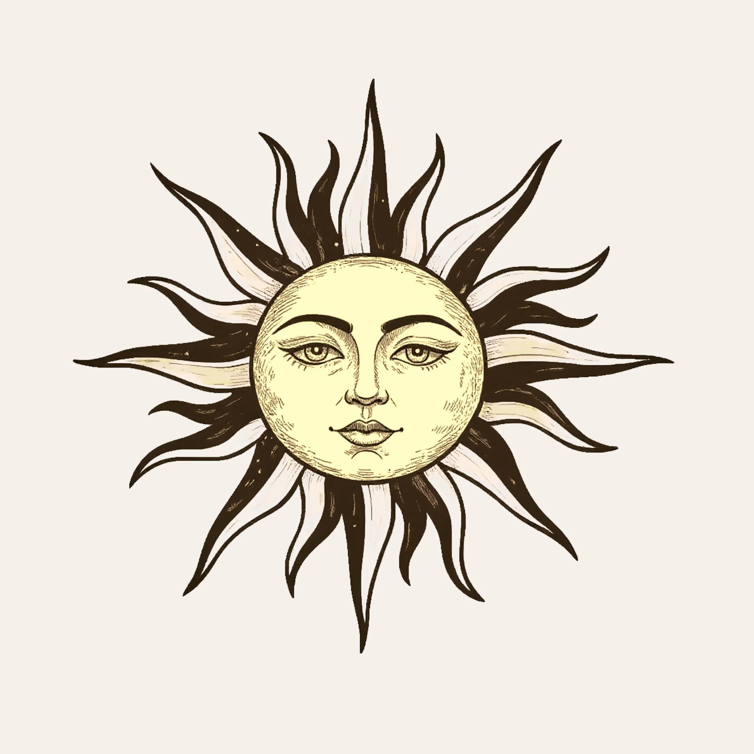 An artistic illustration of a sun with a human face, featuring a serene expression, surrounded by stylized rays. Retro smiling sun