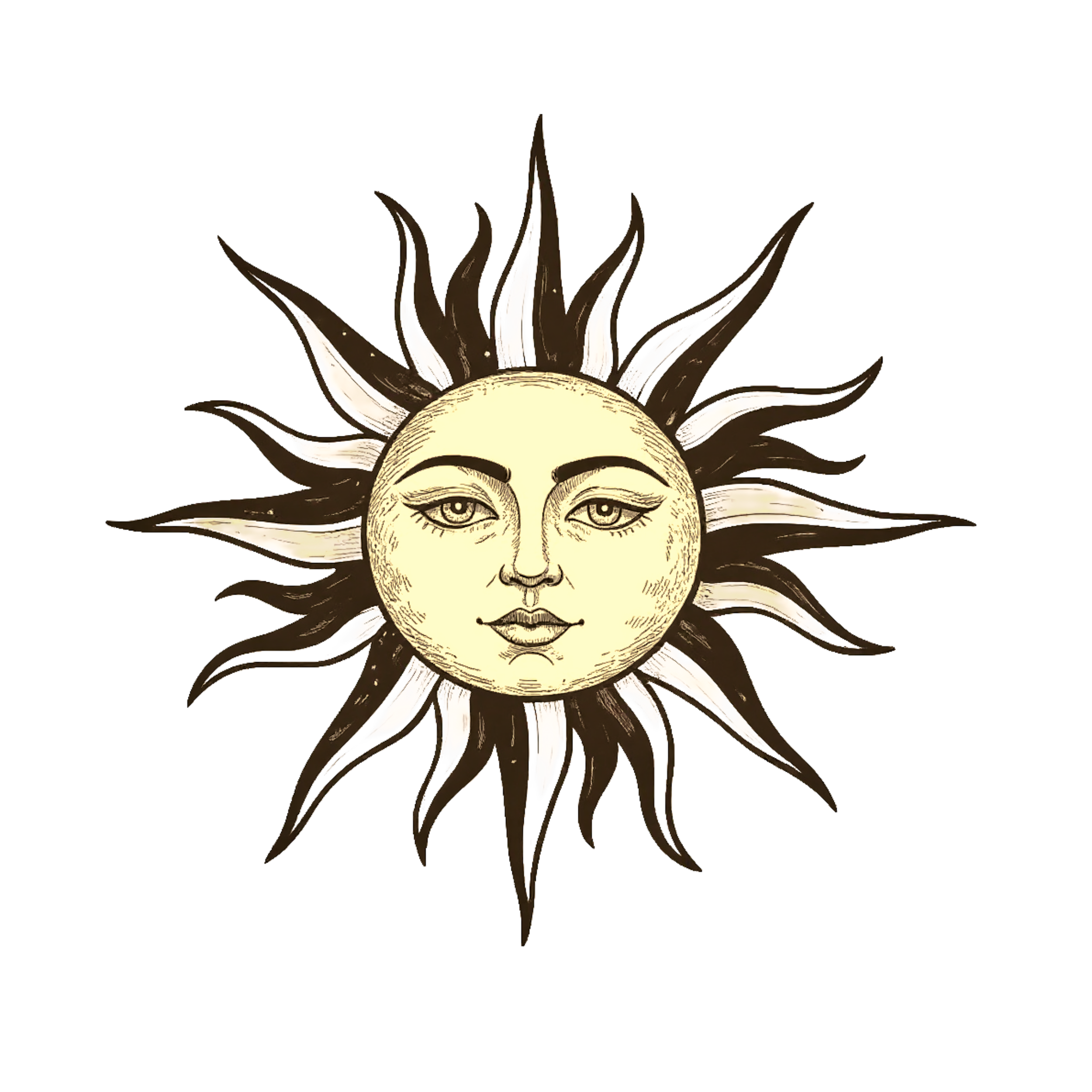 Drawn image of a sun with a human face, featuring detailed eyes, eyebrows, nose, and lips, surrounded by wavy rays.