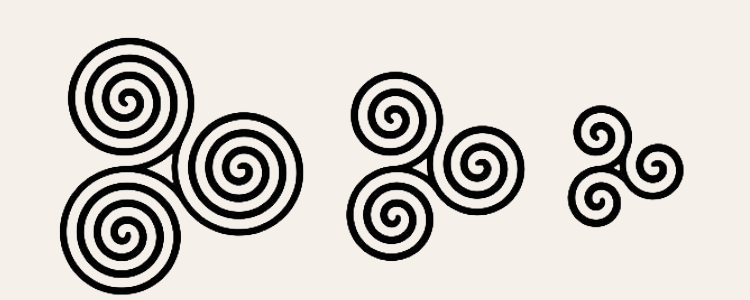 Black spiral patterns on a light beige background, arranged in a row from largest to smallest.