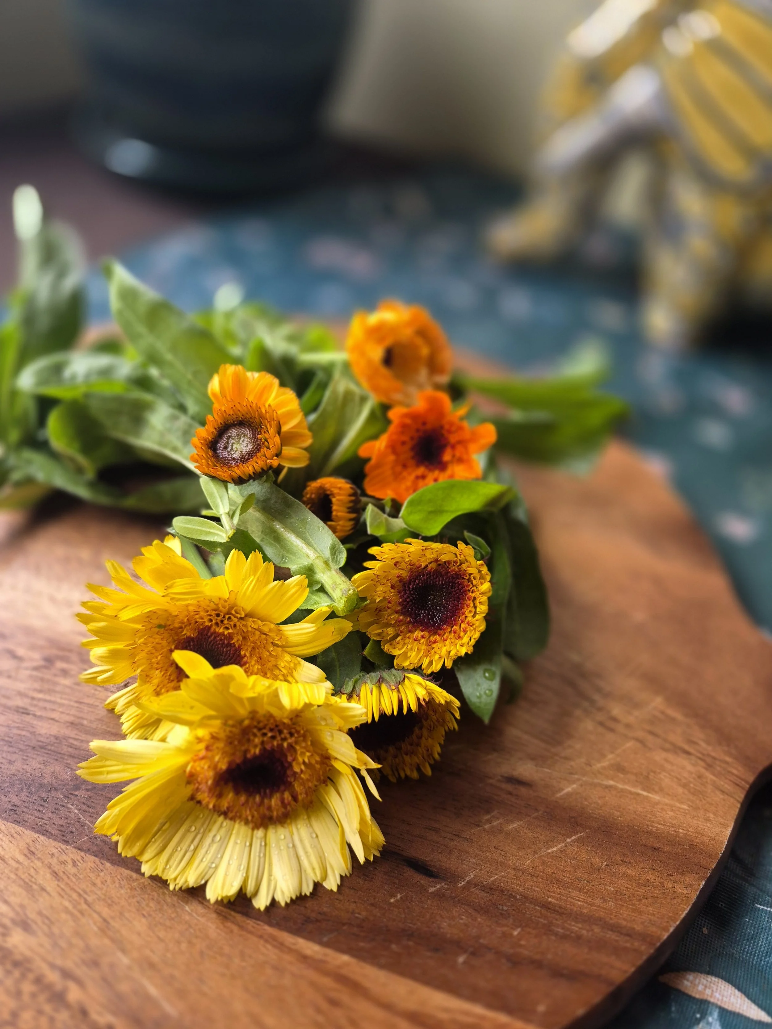 Bouquet of yellow and orange flowers on a wooden surface. Calendula flowers for healing