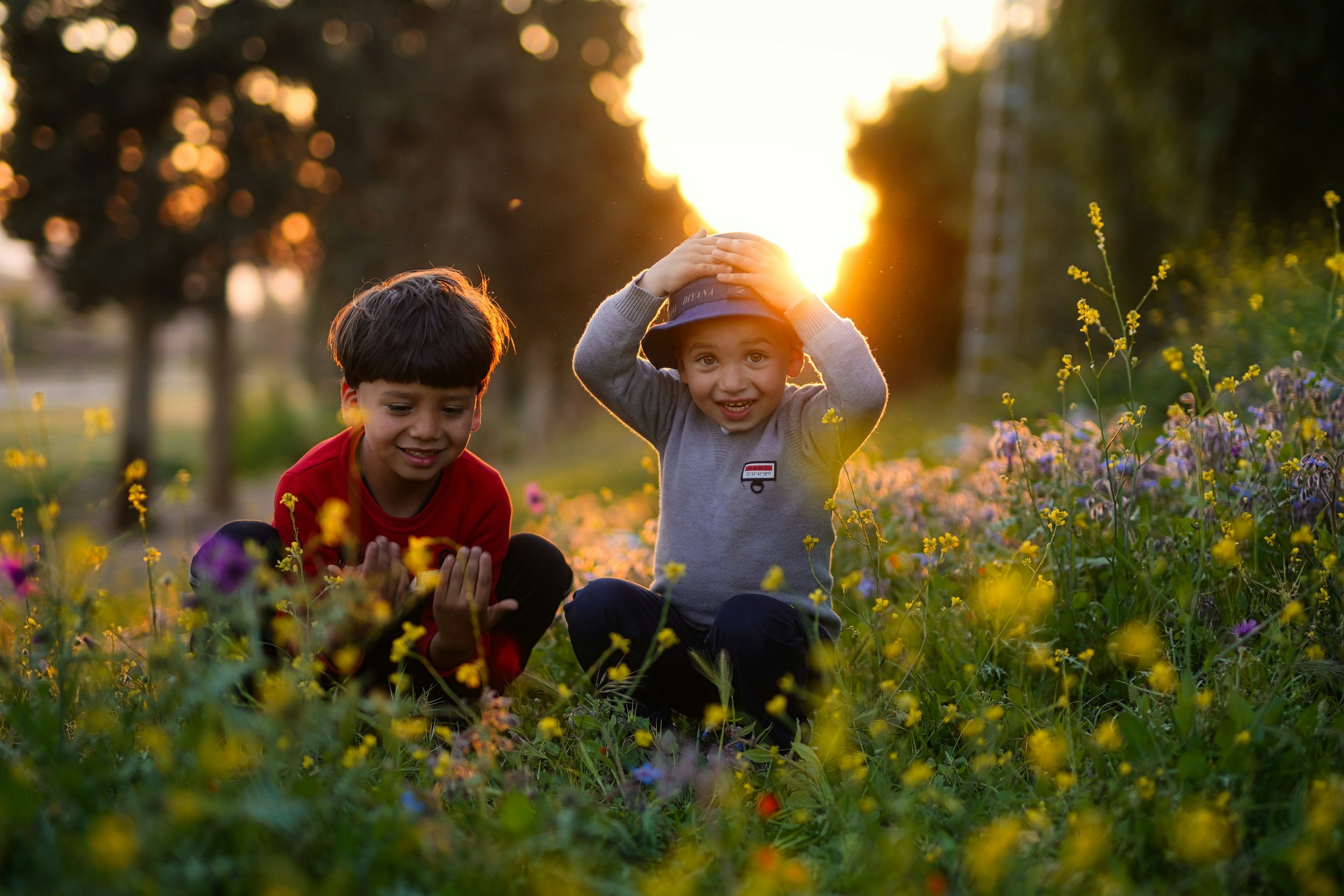 children playing in sunny field