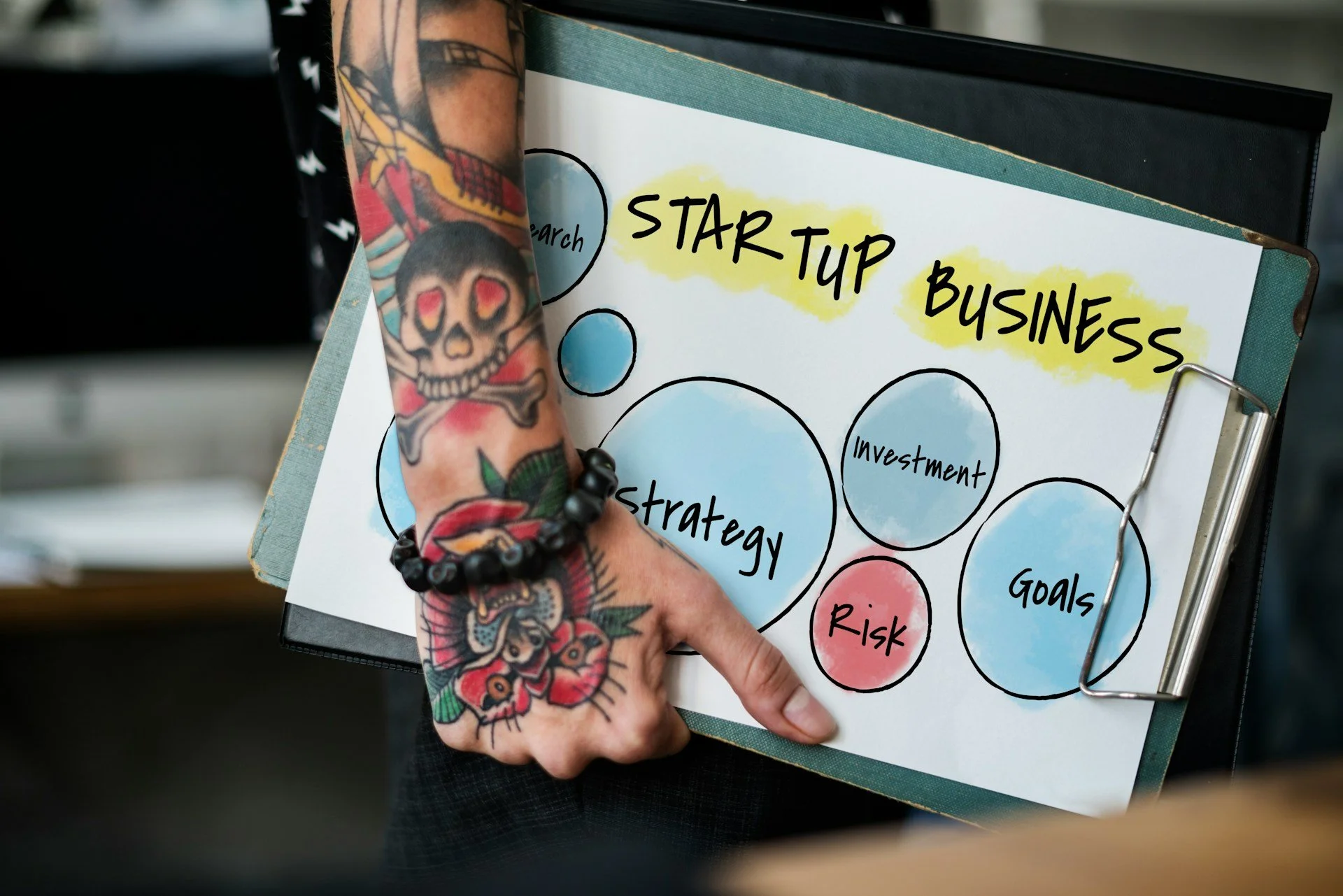 Tattooed entrepreneur working on startup materials representing focus and productivity with ADHD treatment in Ogden Utah