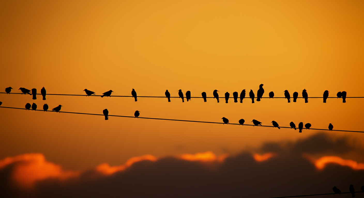 Silhouettes of birds sitting on power lines during sunset