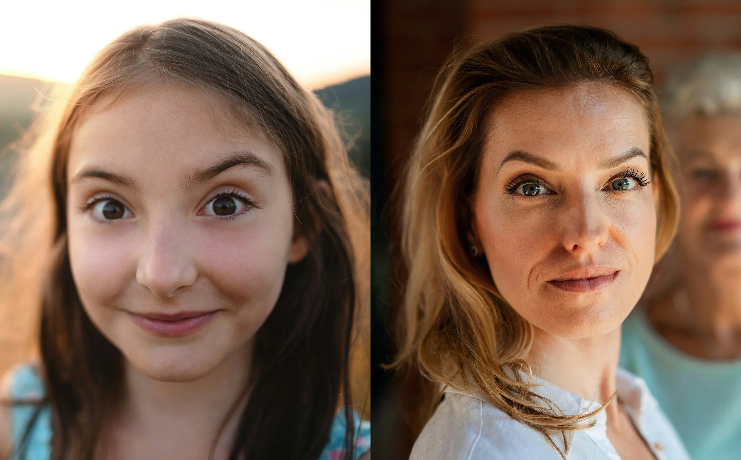 Close-up of a young girl on the left and a woman with an older woman in the background on the right.