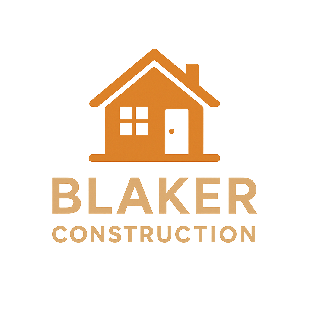A logo for Blaker Construction featuring a stylized orange house with a gable roof and four windows. The company name is written below in large, bold, beige letters.