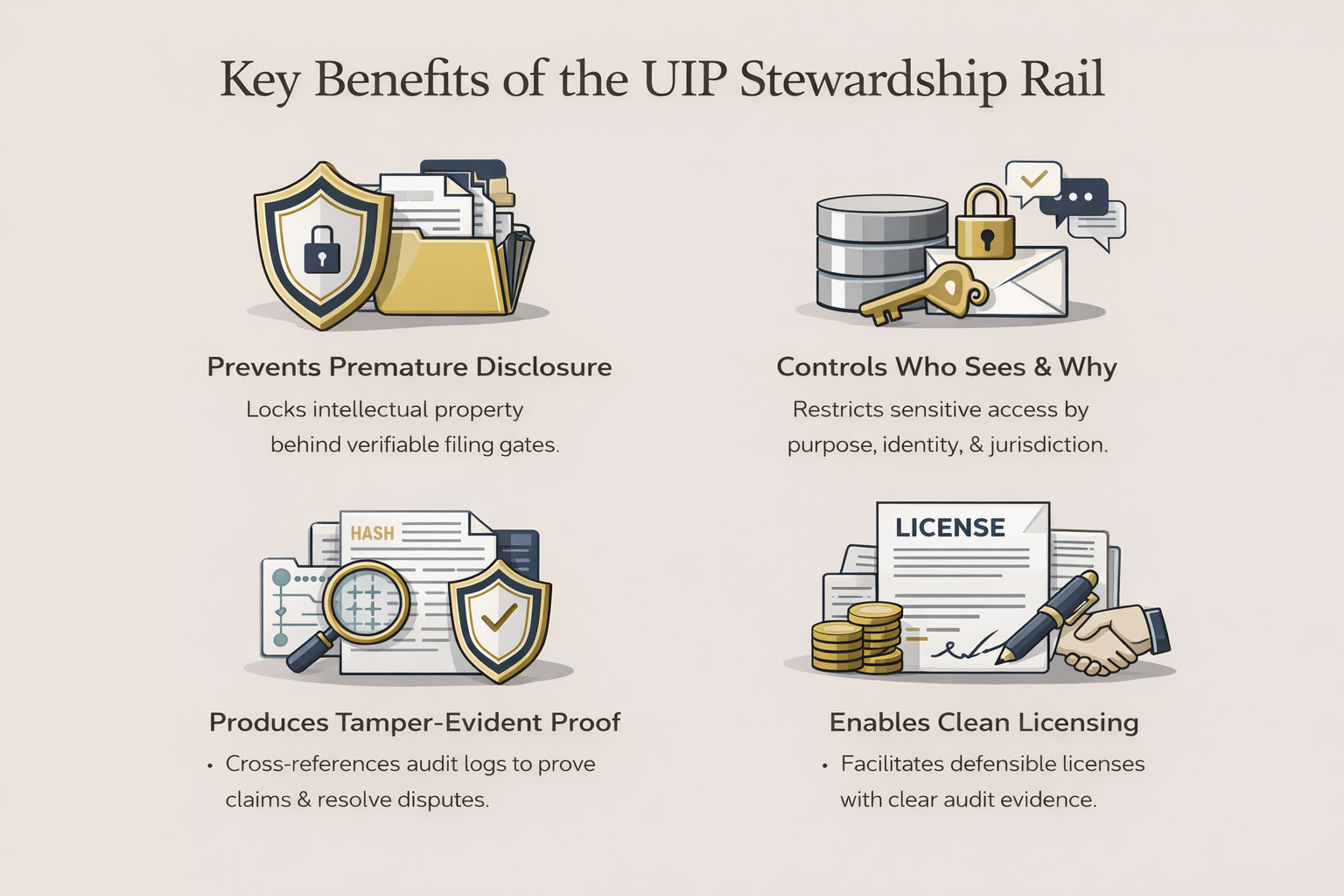 An infographic titled 'Key Benefits of the UIP Stewardship Rail' with four sections, each containing an icon and description. The sections are: 1) Prevents Premature Disclosure with a shield and folder icon; 2) Controls Who Sees & Why with database, lock, and envelope icons; 3) Produces Tamper-Evident Proof with a document, magnifying glass, and shield icon; 4) Enables Clean Licensing with a license, coins, pen, and handshake icons.