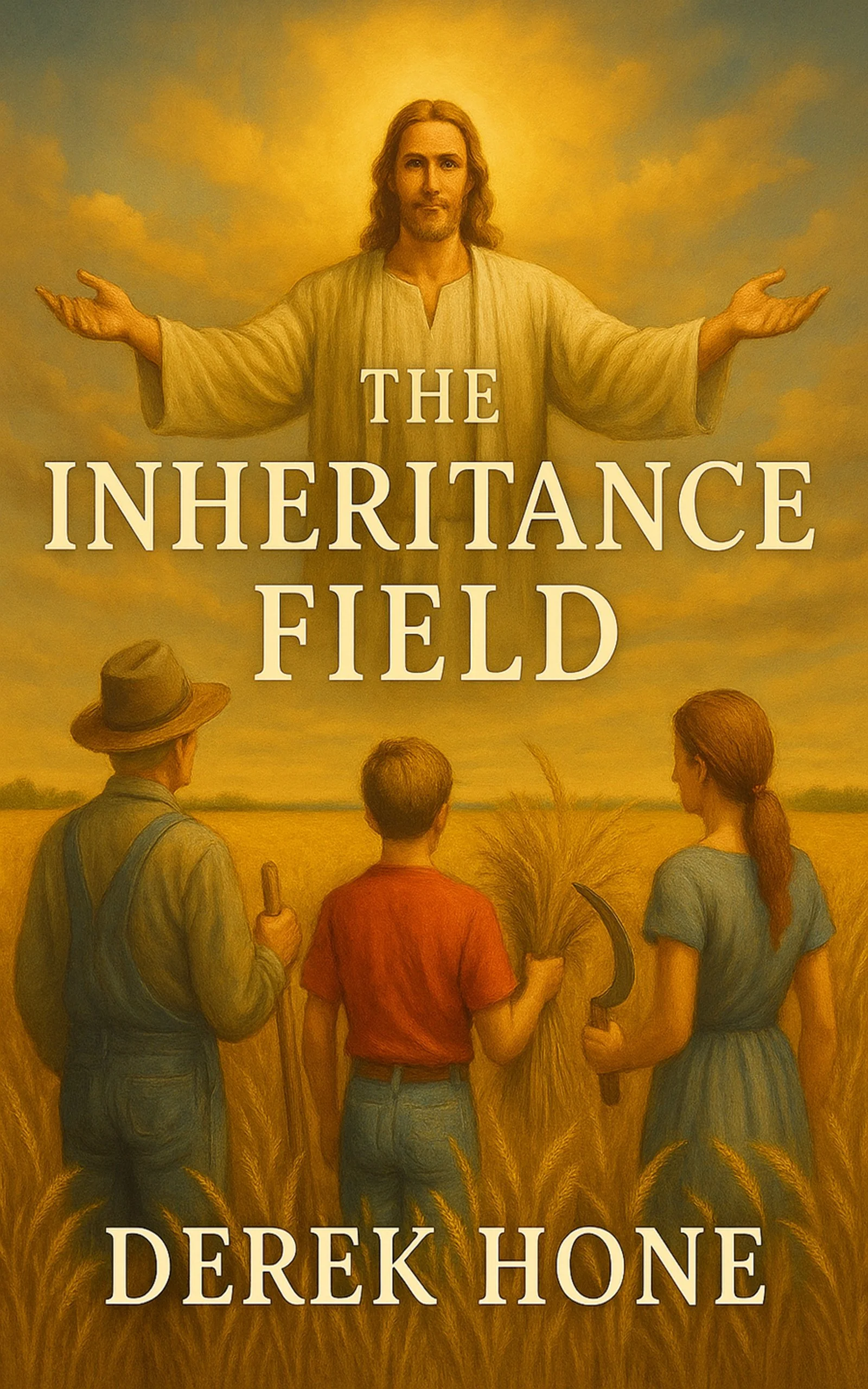 Book cover titled "The Inheritance Field" by Derek Hone, depicting a farm scene with a man in a hat and overalls, a woman with a sickle, and a boy holding wheat, with Jesus figure above them.
