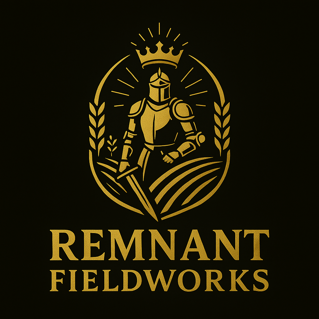 Gold logo with a knight in armor holding a sword, crown above, surrounded by wheat and fields, with the text "Remnant Fieldworks" below.