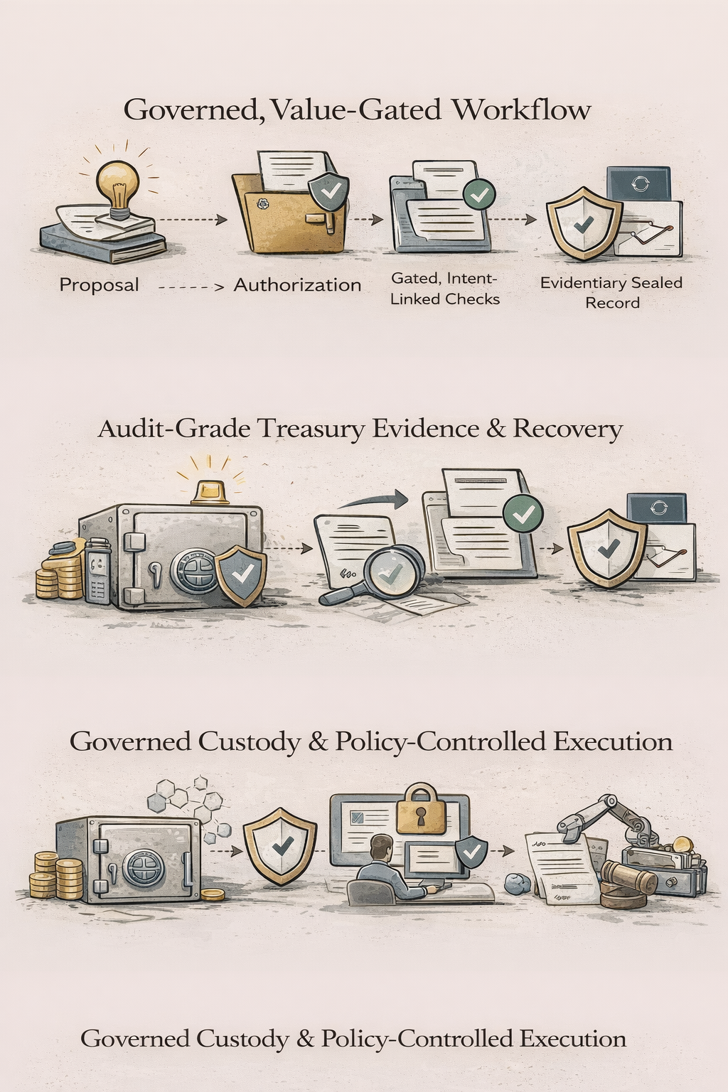 Diagram showing a three-step process for governed, value-gated workflow, audit-grade treasury evidence and recovery, and governed custody and policy-controlled execution, with illustrations of a light bulb, files, shield icons, a safe, documents, a magnifying glass, and a person working with a computer.