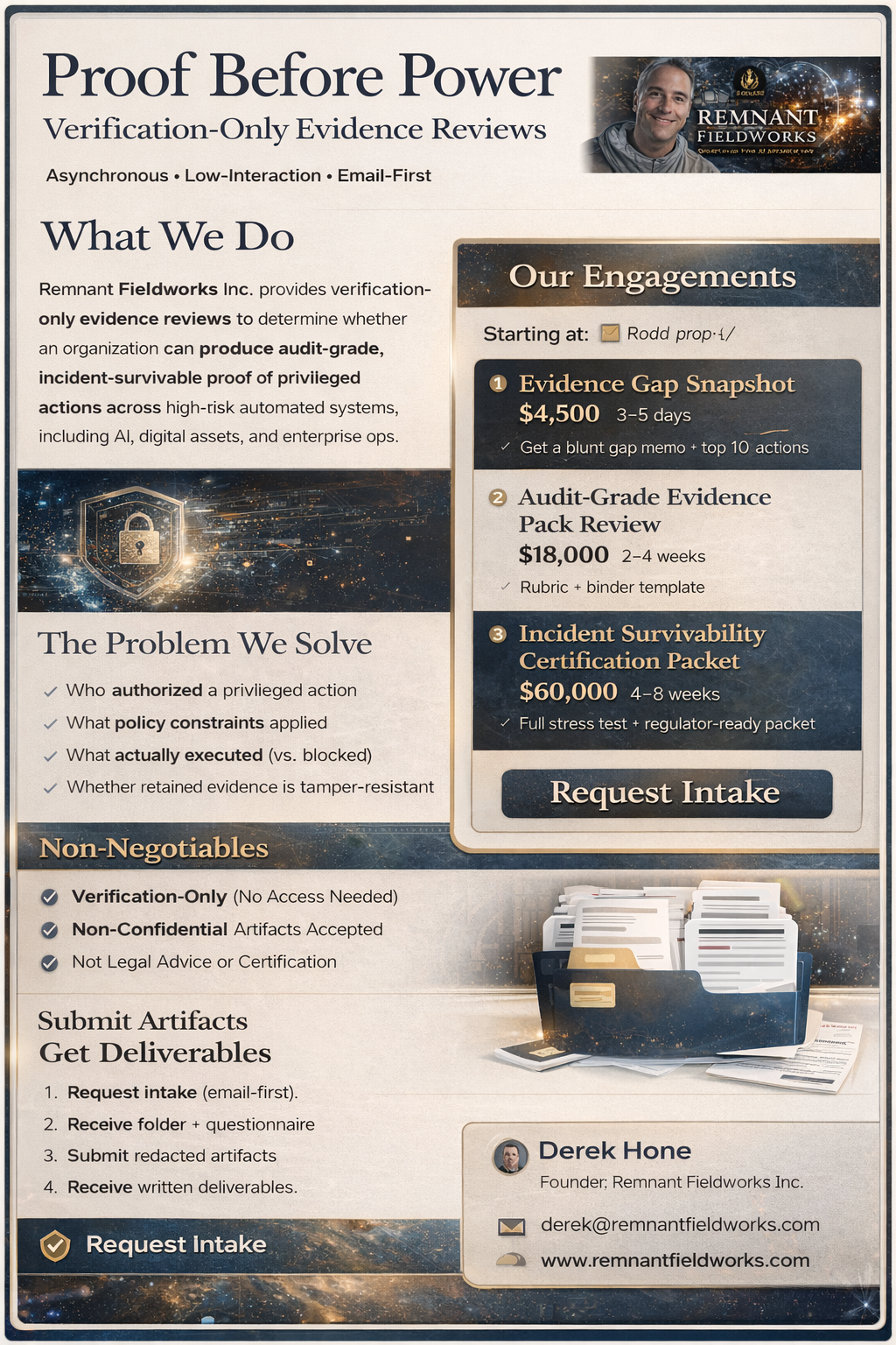 A digital marketing flyer for Remnant Fieldworks Inc. describing their verification-only evidence review services, including pricing and process details. It features a photo of a smiling man, a lock icon with a digital background, and a section with a list of services, non-negotiables, and contact information.