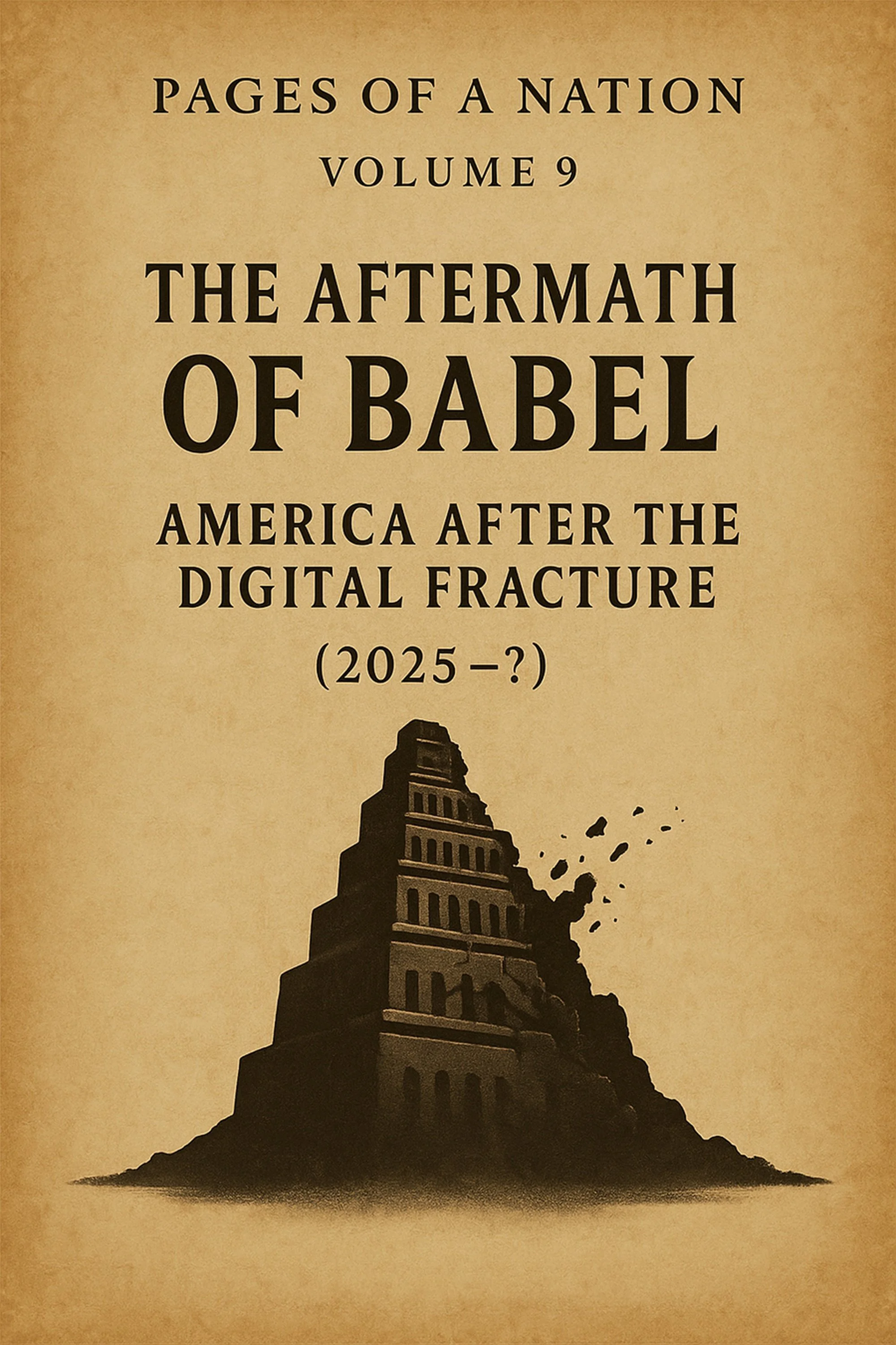 A book cover titled 'Pages of a Nation, Volume 9, The Aftermath of Babel, America After the Digital Fracture, 2025-?'. The cover features an illustration of a building resembling the Tower of Babel, with some parts crumbling and falling apart.