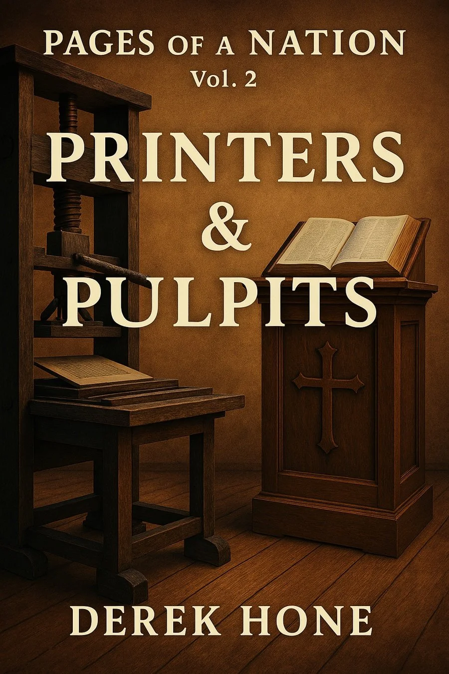 Book cover titled 'PAGES OF A NATION Vol. 2 PRINTERS & PULPITS' by Derek Hone, featuring a wooden printing press, a pulpit with a cross, and open books in a church setting.