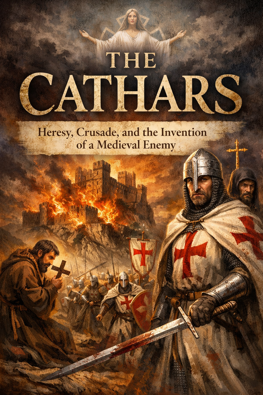 Book cover titled "The Cathars: Heresy, Crusade, and the Invention of a Medieval Enemy" with medieval knights in armor, a burning castle, and a monk praying