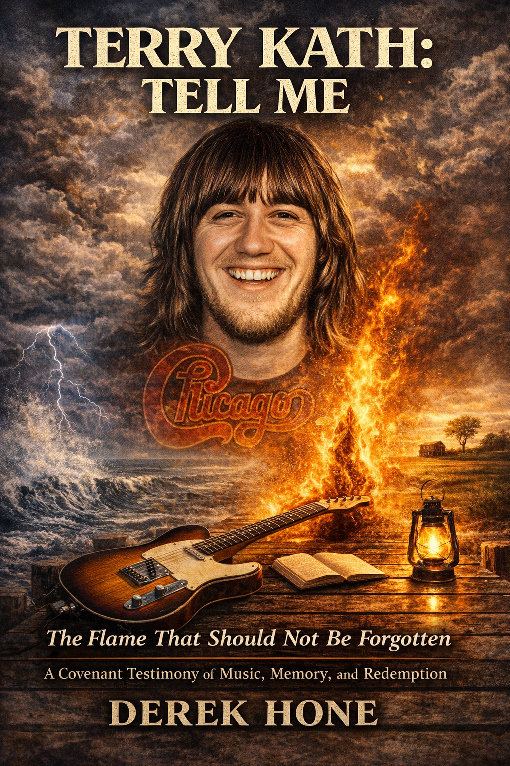 Book cover titled 'Terry Kath: Tell Me' by Derek Hone. Features a smiling young man with long brown hair, a beard, and mustache in front of a stormy sky with lightning. Includes a guitar, an open book, and a lantern on a wooden surface, with flames and a logo that says 'Chicago' in the background.