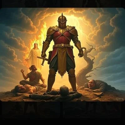 A knight in armor standing on a hilltop with a sword, surrounded by four defeated enemies and a mysterious woman in the background, with storm clouds and lightning behind them.