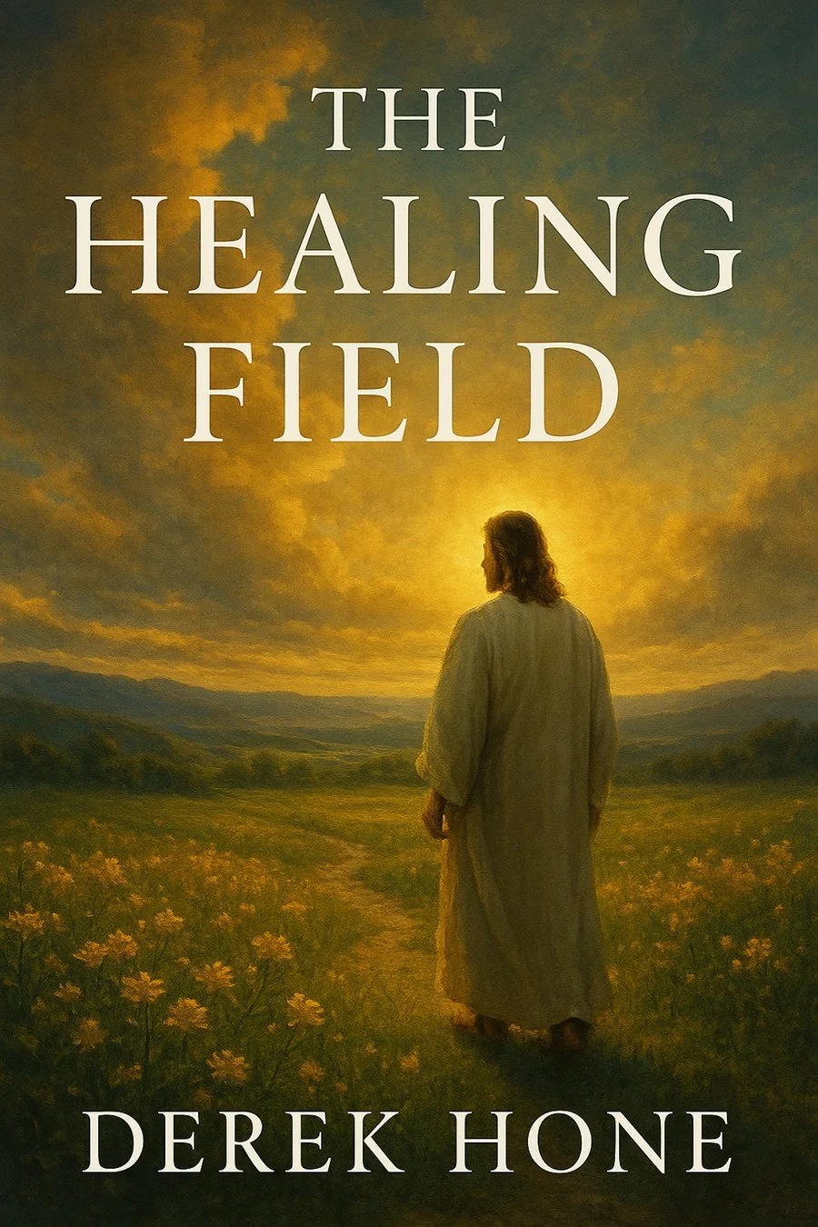 Book cover of 'The Healing Field' by Derek Hone, showing a person in white robes walking on a dirt path through a field of yellow flowers towards a glowing sunset sky.