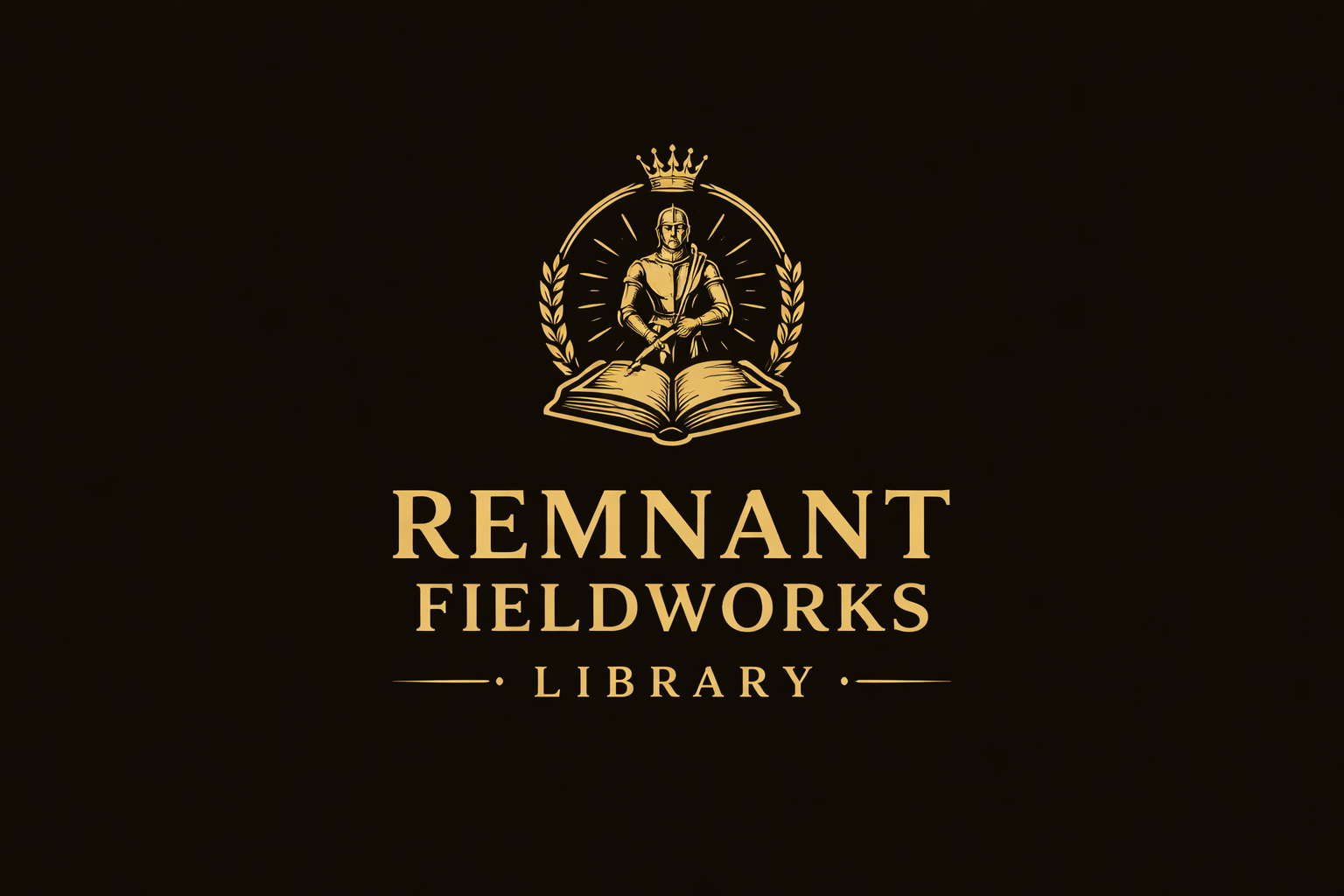 Logo for Remnant Fieldworks Library featuring a gold knight with a sword, an open book, a crown, and laurel branches on a black background.