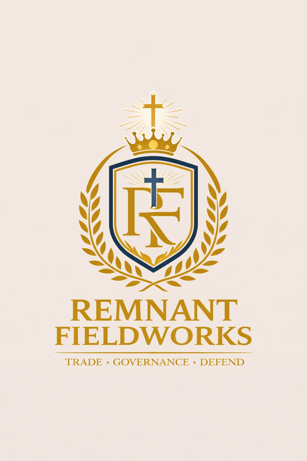 Remnant Fieldworks logo featuring a shield with a cross and initials, surrounded by a laurel wreath, and topped with a crown and a cross, with the words "Trade, Governance, Defend" underneath.