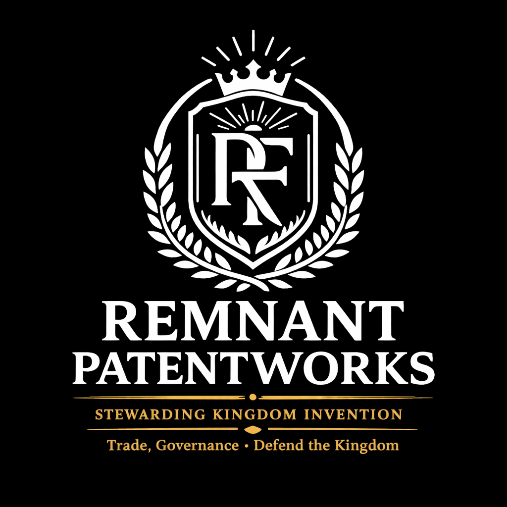 Black and white logo for Remnant Patentworks with a shield, crown, and laurel wreath, featuring the initials 'R' and 'P' and the phrases 'Stewarding Kingdom Invention,' 'Trade, Governance, ' and 'Defend the Kingdom.'