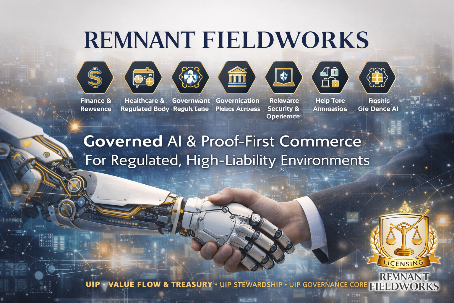 A graphic promoting Remnant Fieldworks' trusted AI and proof-first commerce for regulated environments, depicting a handshake between a human hand and a robotic hand over a cityscape background.