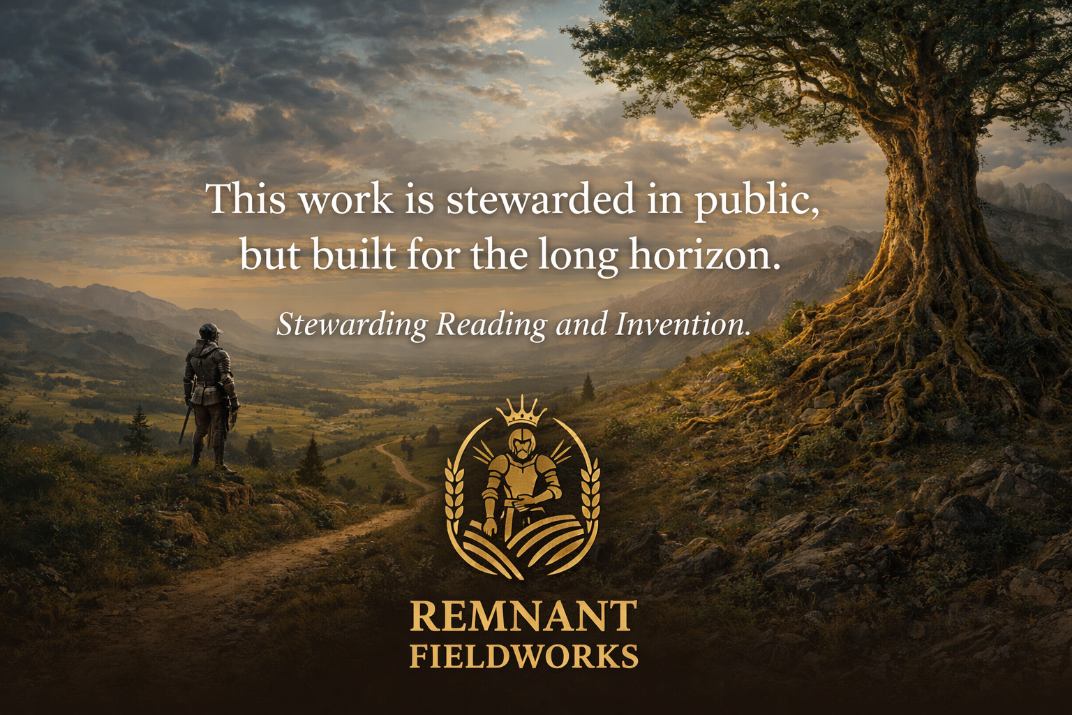 A large tree on the right side of the image with roots visible, overlooking a hilly landscape with mountains in the background. A person dressed as a medieval knight, holding a sword, walks along a dirt path toward the horizon during either sunrise or sunset. Overlay text reads: 'This work is stewarded in public, but built for the long horizon. Stewarding Reading and Invention.' The logo and text for 'Remnant Fieldworks' are at the bottom.