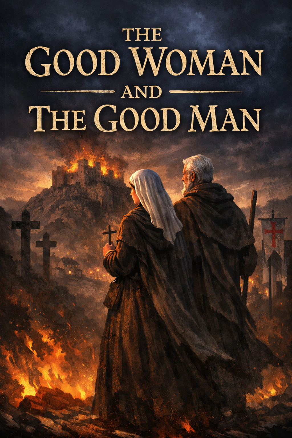 Book cover for 'The Good Woman and The Good Man,' depicting an older man and woman walking away with crosses in their hands, with a burning castle on a hill in the background and a dark sky.