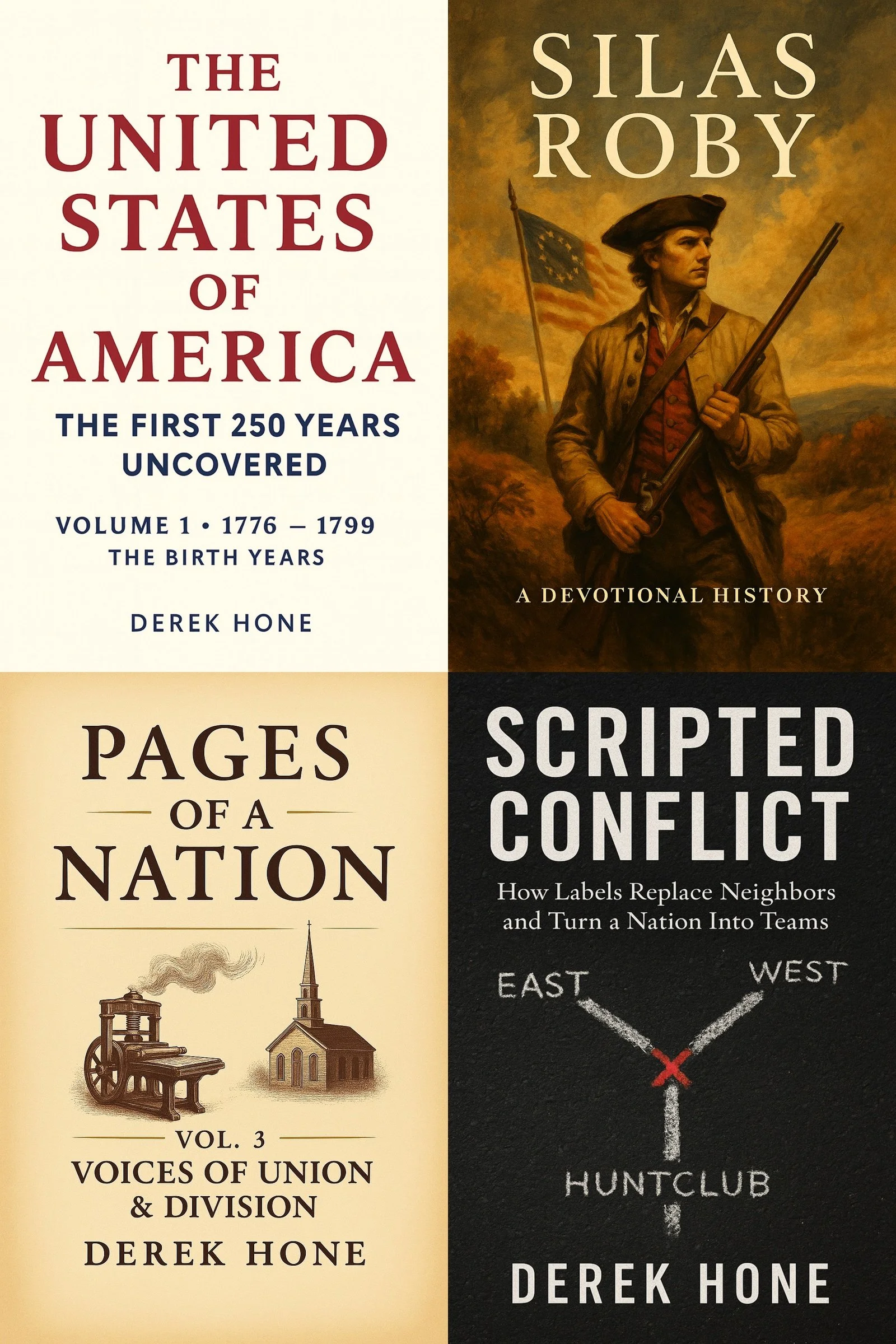Book covers for four books about American history and conflict, including 'The United States of America: The First 250 Years Uncovered', 'Silas Roby: A Devotional History', 'Pages of a Nation: Voices of Union & Division', and 'Scripted Conflict: How Labels Replace Neighbors and Turn a Nation into Teams', all by Derek Hone.