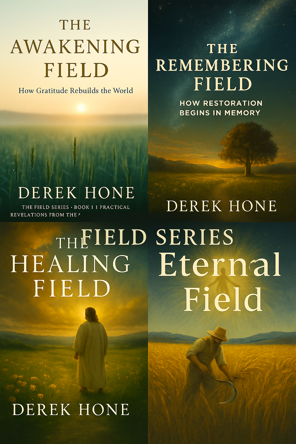 Four book covers from The Field Series by Derek Hone, each with different natural landscapes and titles related to healing, remembrance, awakening, and eternal fields.