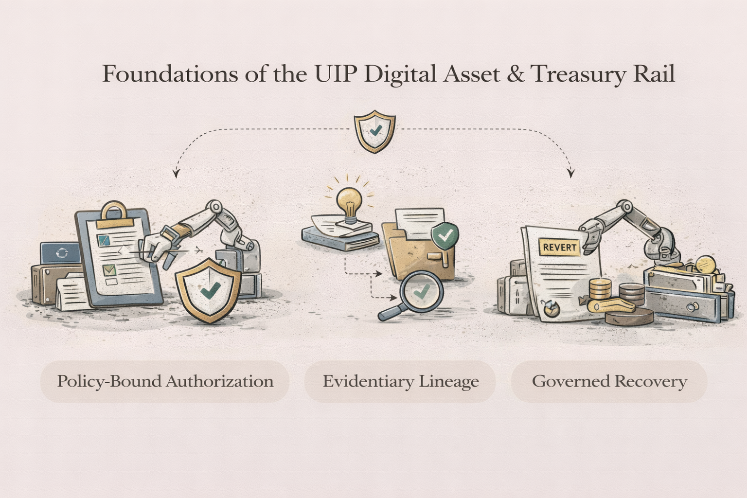 Diagram showing the foundations of the UIP digital asset and treasury rail, including policy-bound authorization, evidentiary lineage, and governed recovery, with icons of documents, robotic arms, shields, light bulb, magnifier, and coins.