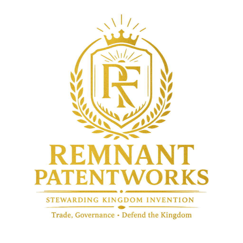 Gold logo featuring a crown, a shield with the letters R and F, surrounded by laurel leaves, with the text 'Remnant Patent Works' and the slogan 'Stewarding Kingdom Invention, Trade, Governance, Defend the Kingdom'.
