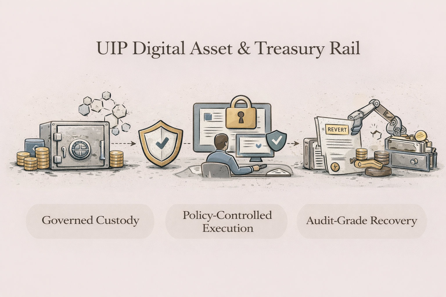 Diagram illustrating the process of managing digital assets and treasury rail, including governed custody, policy-controlled execution, and audit-grade recovery, with icons of a safe, shield, computer, and robotic arm handling coins and documents.