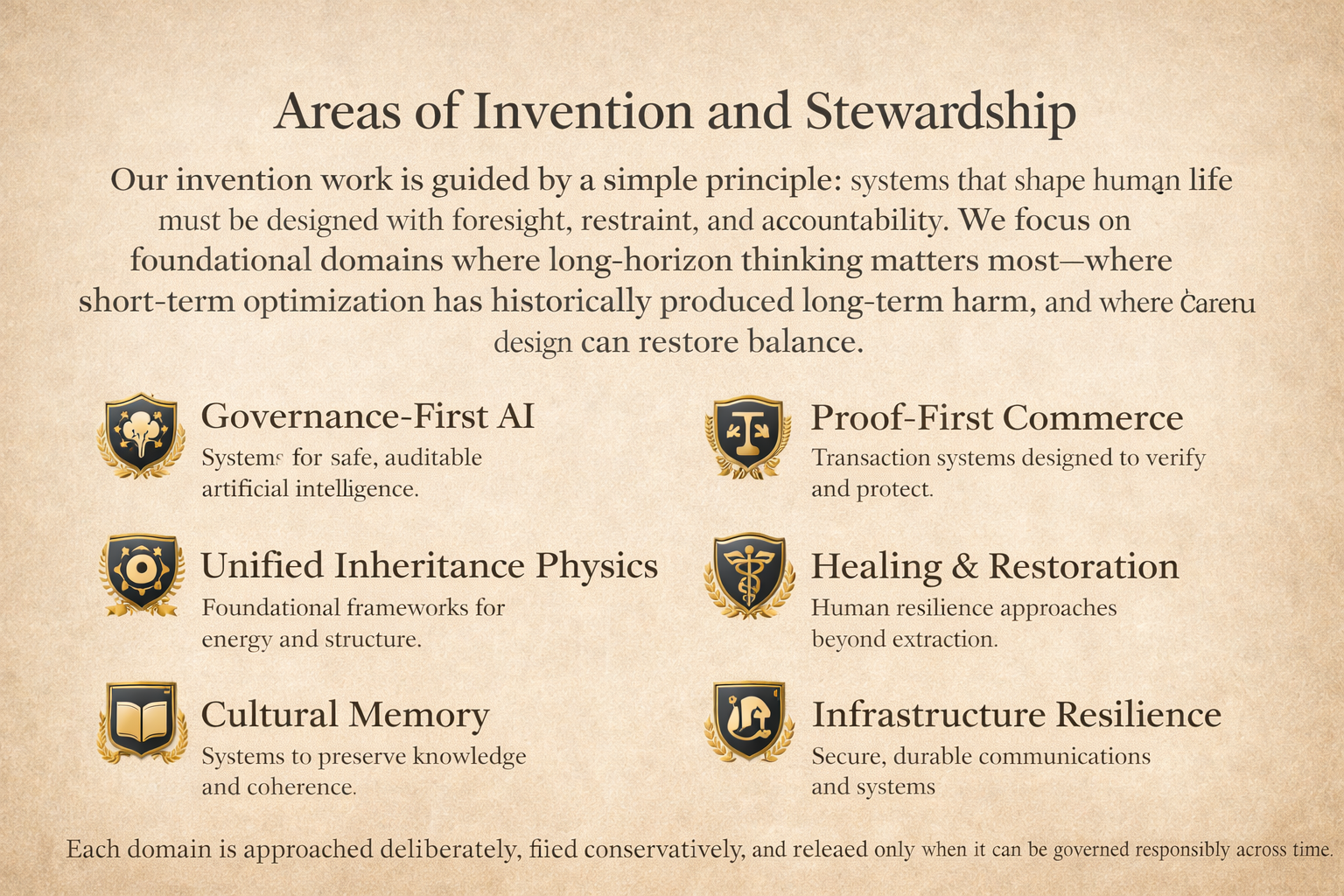 Text and icons on a beige background outlining areas of invention and stewardship, including governance-first AI, proof-first commerce, unified inheritance physics, healing and restoration, cultural memory, and infrastructure resilience.