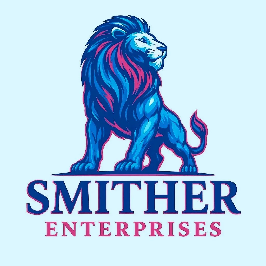 A colorful logo featuring a stylized blue lion with accents of pink and purple, standing upright, with the text 'SMITHHER ENTERPRISES' underneath in bold blue and pink letters.