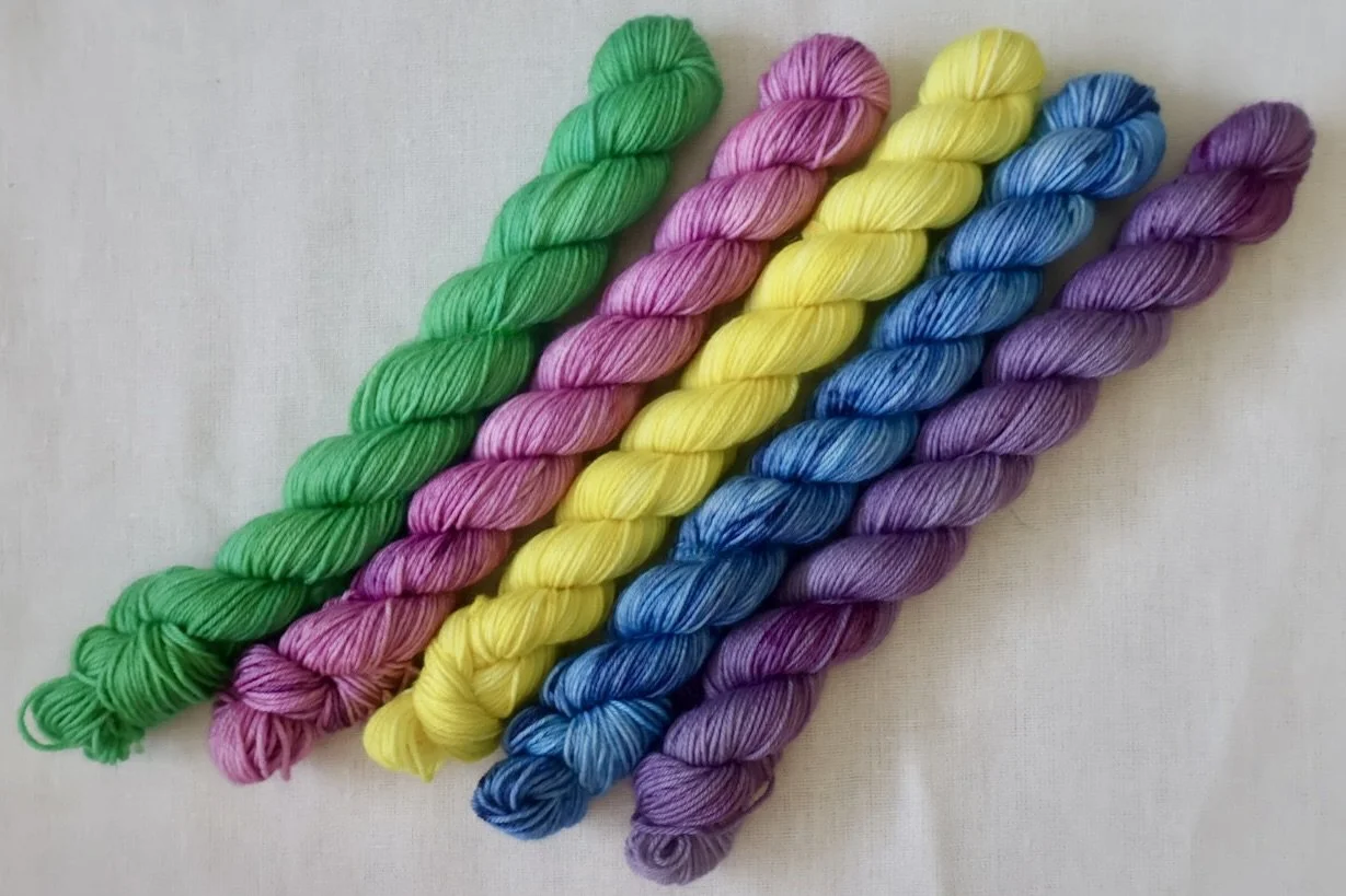 Vibrant hand‑dyed mini skeins inspired by Scottish landscapes and coastal colour. Ideal for fades, accents, and creative colourwork projects.