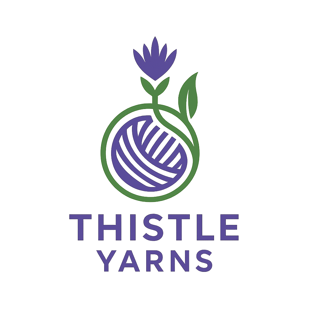 A logo for Thistle Yarns featuring a purple thistle flower growing from a purple ball of yarn with green leaves against a dark background, and the company name in purple text beneath.