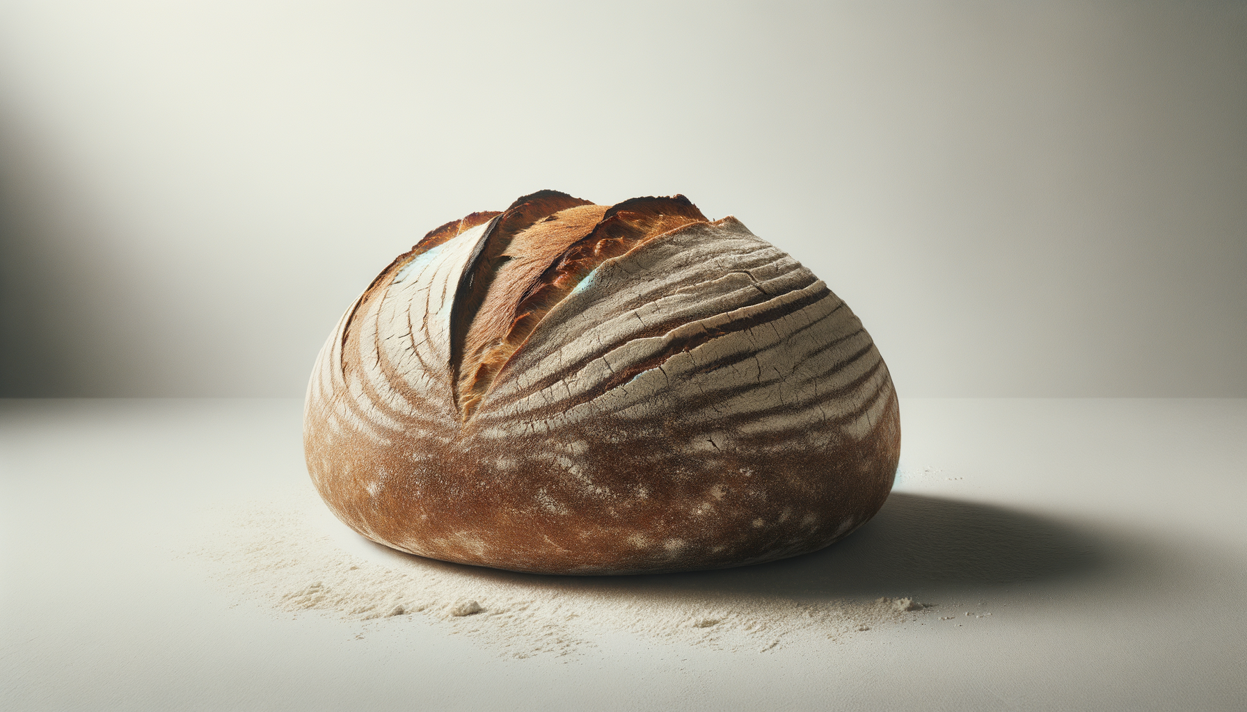 A loaf of rustic bread with a dark crust and scoring pattern on top, placed on a white surface with scattered flour, against a neutral background.