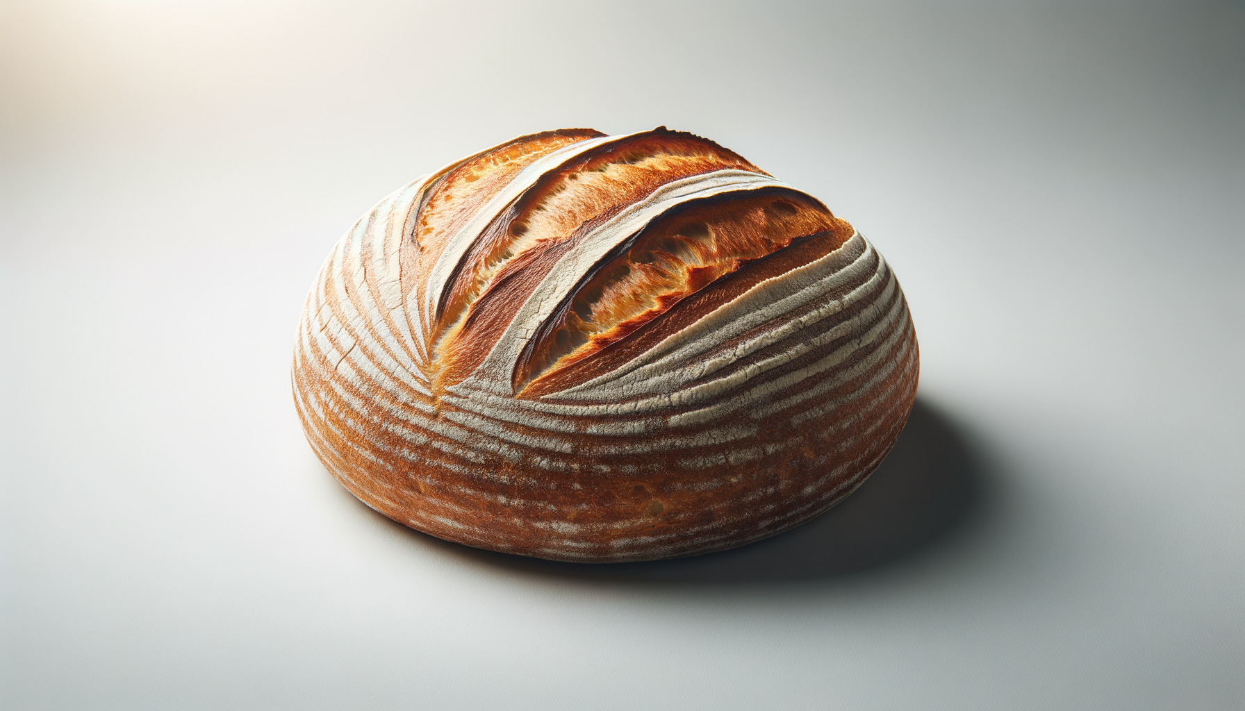 A loaf of bread with diagonal scoring marks on top, resting on a plain surface.