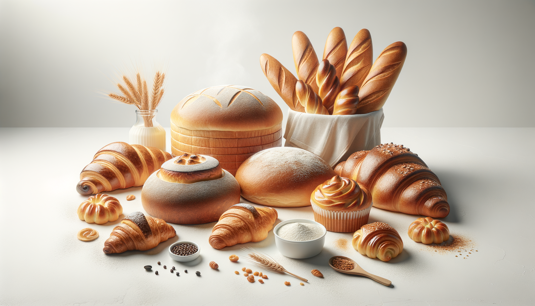 Assorted baked goods including croissants, bread, cupcakes, and breadsticks on a table with baking ingredients and wheat stalks.