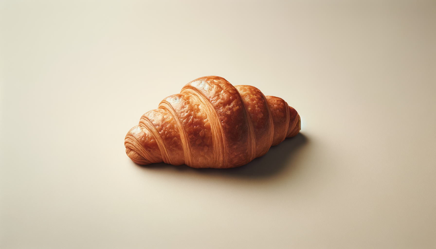 A croissant on a plain, light-colored surface.