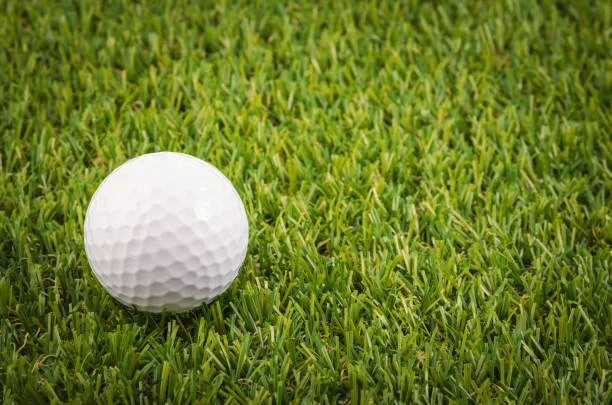 A close-up of a white golf ball resting on green grass.