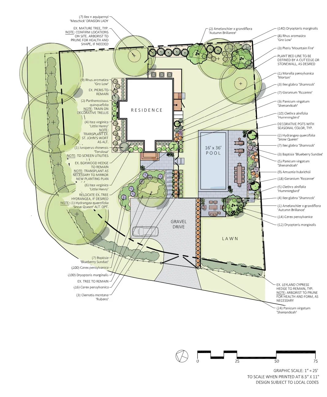 Landscape design plan for a backyard featuring a residence, a 16x36 ft pool, a gravel drive, a lawn area, various trees and shrubs, a seating area, decorative pots, and annotations for plant types and positioning.