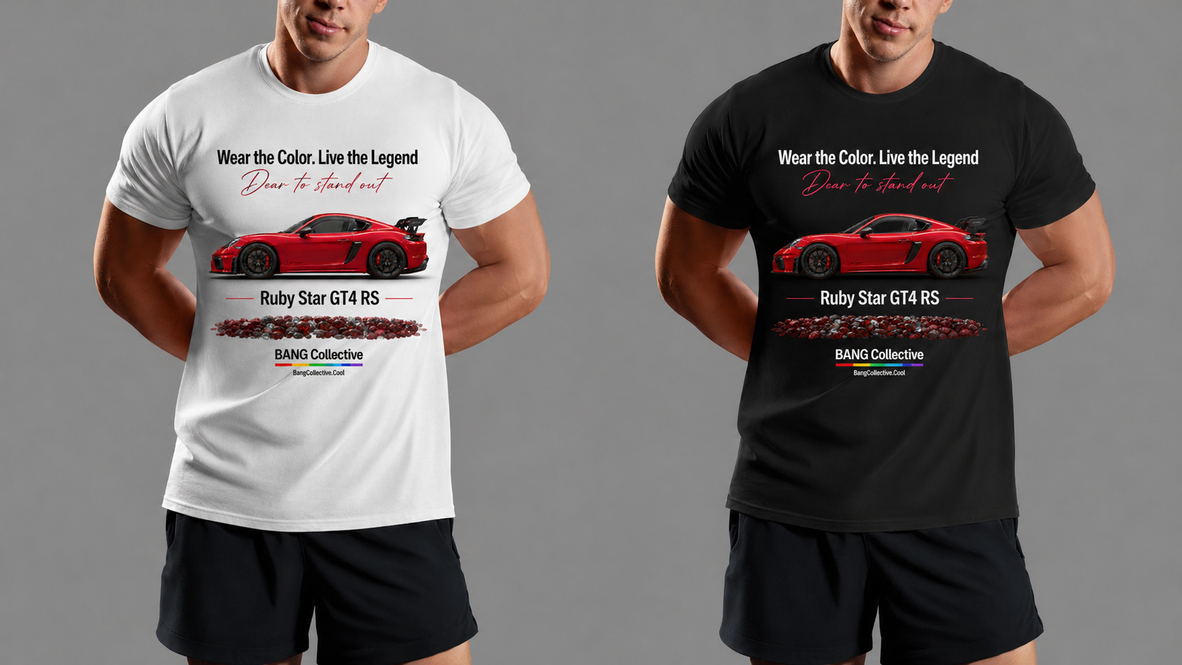 Two men wearing graphic t-shirts, one with a white shirt and the other with a black shirt, both featuring an image of a red sports car and text related to the Ruby Star GT4 RS model and a racing collective.