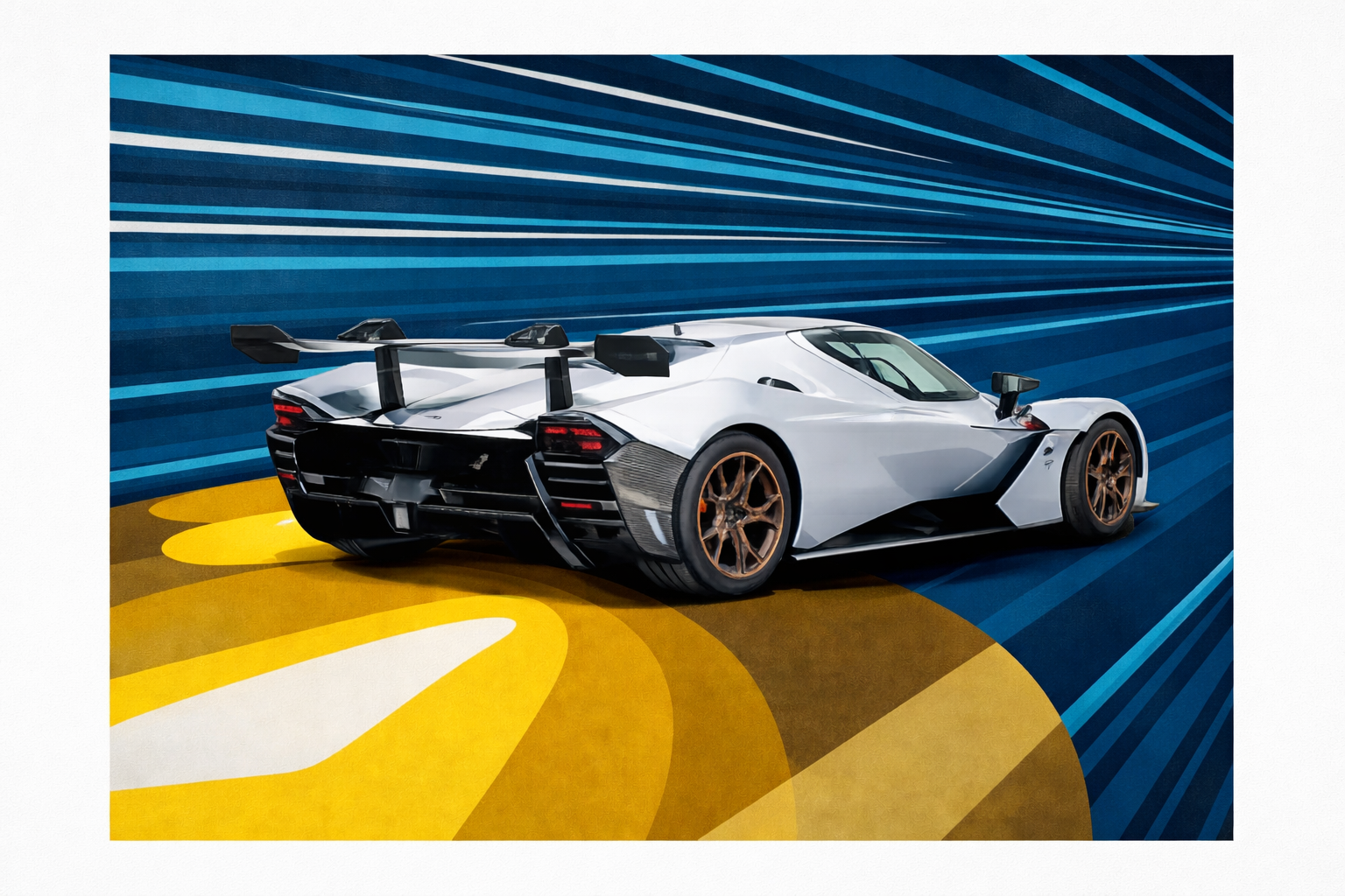 A sleek, KTM X-BOW futuristic silver sports car with aerodynamic design, mounted rear spoiler, and bronze wheels, displayed against a dynamic blue background with speed lines and a yellow and white road graphic.
