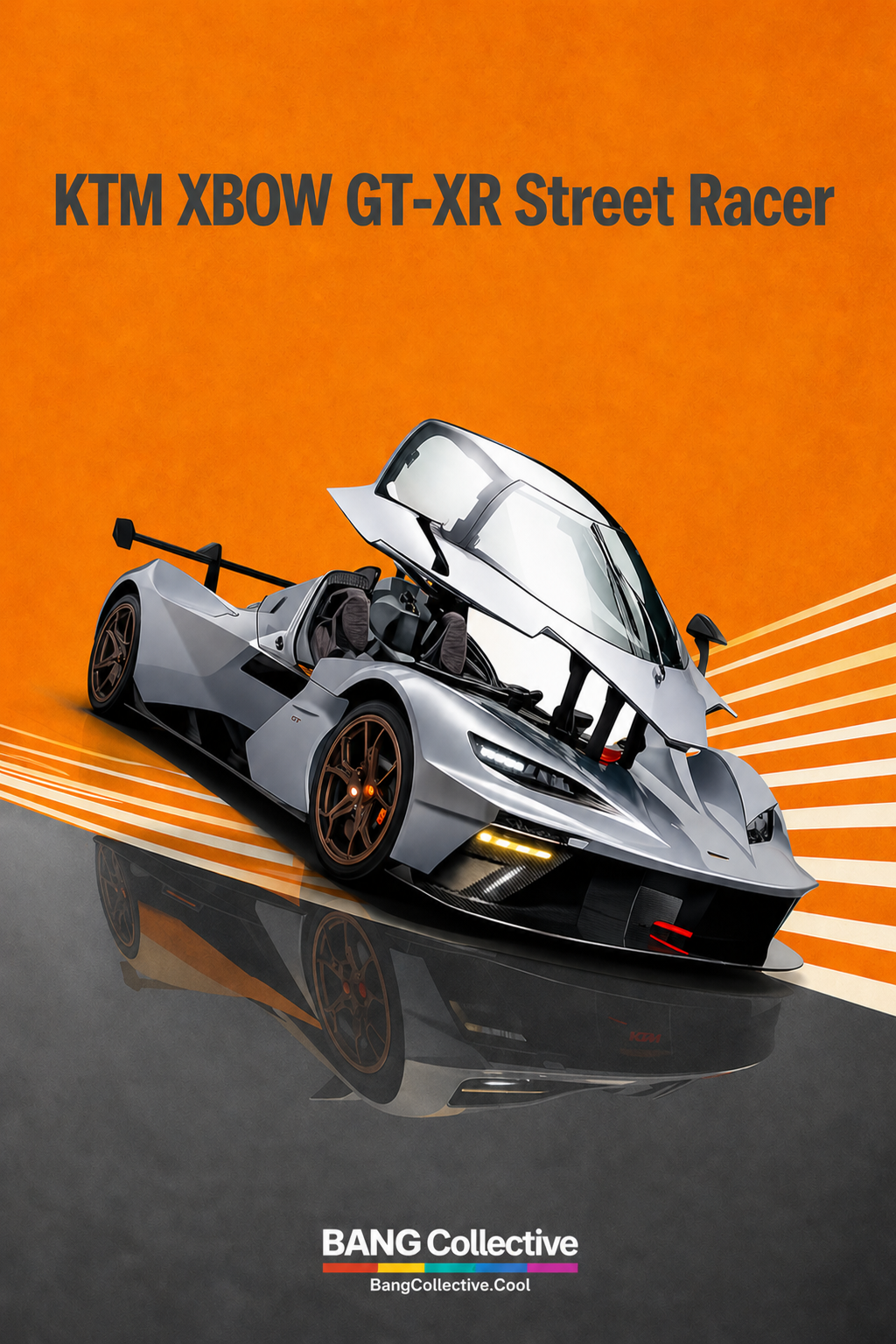 A silver KTM X-BOW GT-XR race car on a track with an orange background, showing aerodynamic features and racing decals.