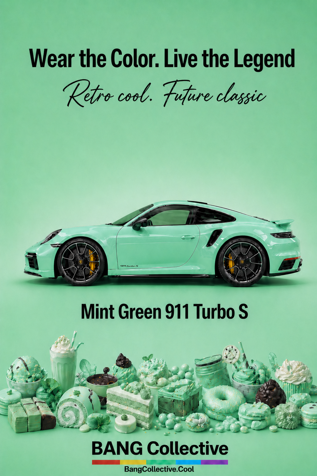 An advertisement featuring a mint green Porsche 911 Turbo S sports car with text that reads: "Wear the Color. Live the Legend. Retro cool. Future classic." The background is also mint green and decorated with various mint green desserts and treats. The bottom text says: "BANG Collective" with a rainbow-colored bar and the website BangCollective.Cool.