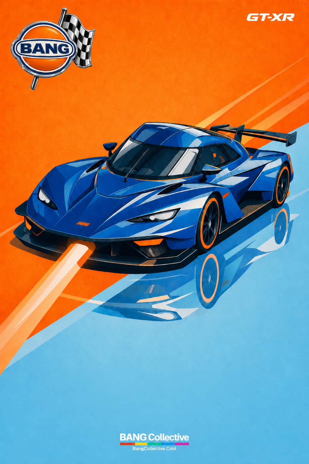 A blue KTM X-BOW racing sports car with a large rear wing on an orange and blue split background, with a Bang logo and checkered flag in the top left corner.
