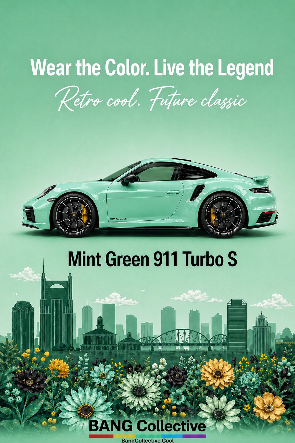 A mint green Porsche 911 Turbo S sports car positioned against a cityscape background with a floral foreground. The image contains promotional text emphasizing the car's mint green color and vintage-inspired aesthetic.