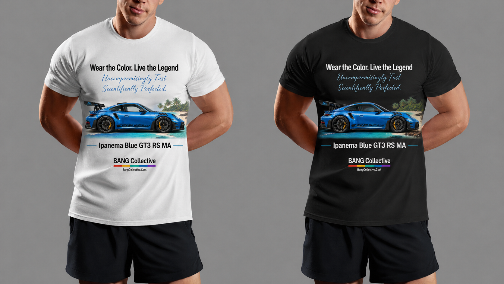 Two men wearing T-shirts with a printed car graphic, one in white and the other in black, against a gray background.